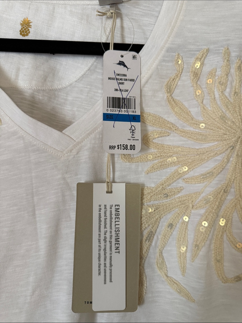 Tommy bahama nwt small White V-Neck Top Gold Sequin Floral Embroidery - Picture 2 of 5